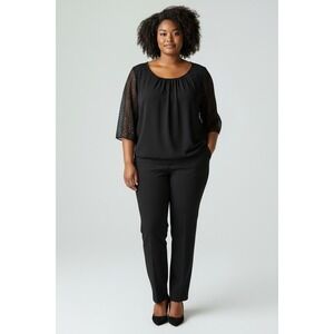 Kasper Black Sheer Swiss Dot Sleeve Blouse 3X  Officecore Modern Classic NWT